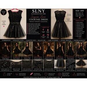 EUC SLNY Black Sequin Lace Organza Dress Summerween Goth Cocktail Party 18W